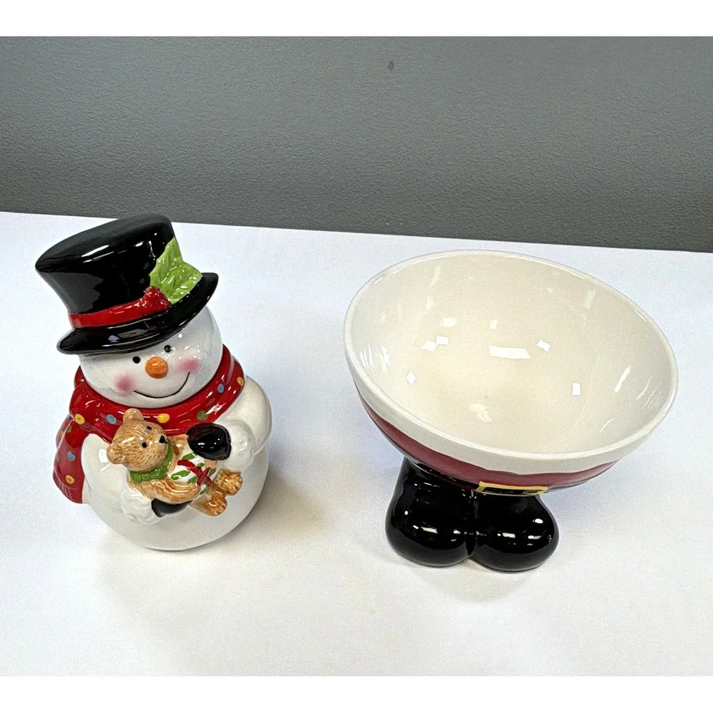 Sleigh Bell Bistro Christmas Ceramic Lot Snowman Cookie Jar Santa Pants Bowl